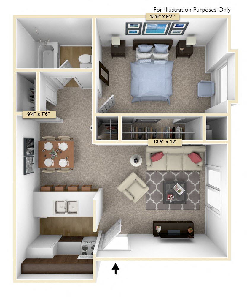 Floor plan for 1 bed, 1 bath, 580 sqft